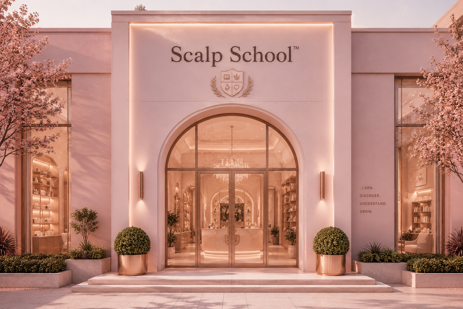 The Scalp School campus entrance in blush pink stone, framed by cherry blossom